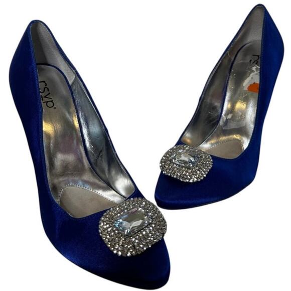 Size 8.5 Blue Satin Rhinestone Something Blue Stiletto Heels Shoes Wedding - Picture 1 of 12